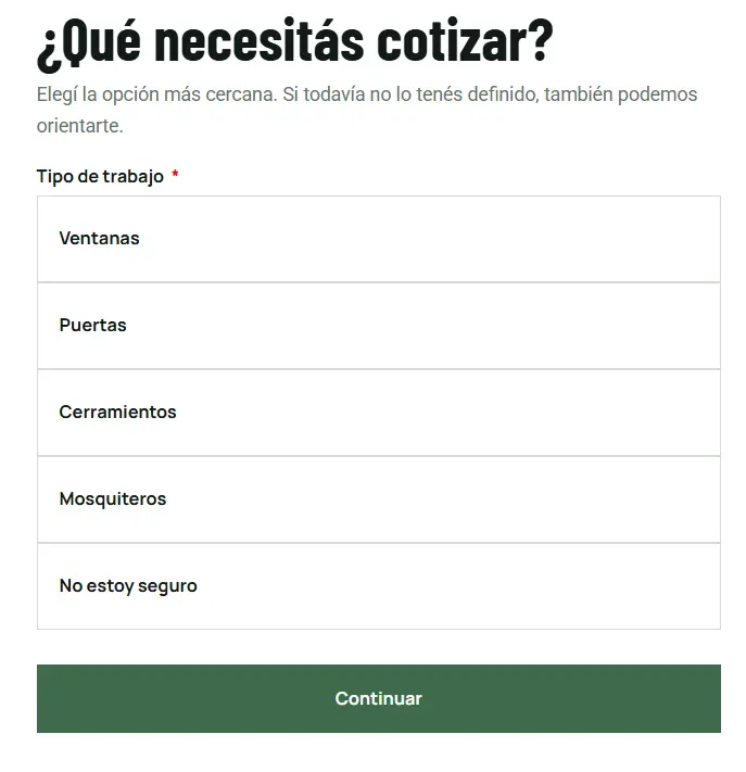 Formulario interactivo para cotizar ventanas, puertas, cerramientos y mosquiteros